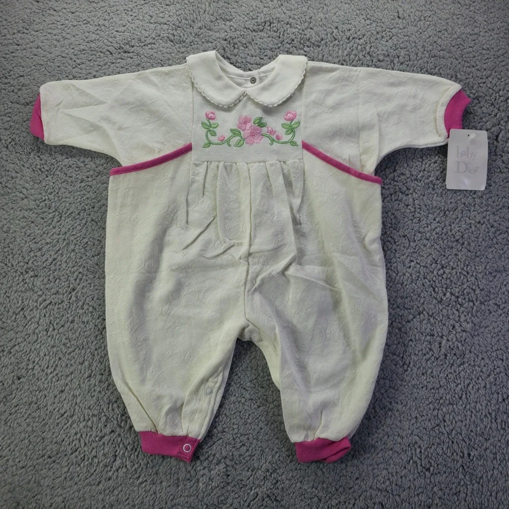 Baby Dior Vintage White Pink Floral Embroidered Romper Sleeper 6 Months 331-706